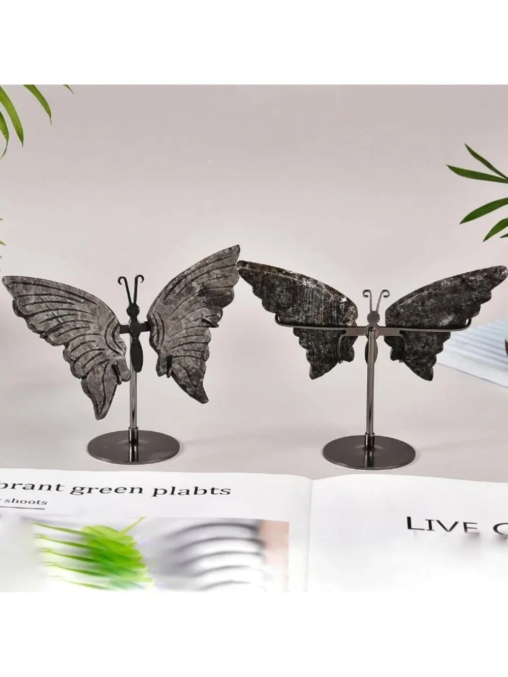 Natural Flame Yooperlite Butterfly Art | Healing Crystal Slices & Silver Stand